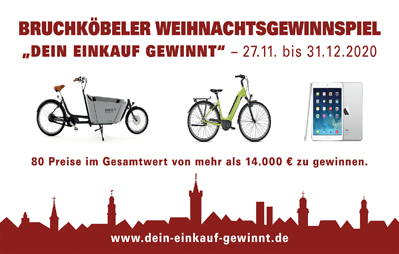 Anzeige des Gewinnspiels. Unten die angedeutete Silhouette der Stadt. Obend die Hauptgewinne: E-Lastenrad, E-Bike und Ipad.