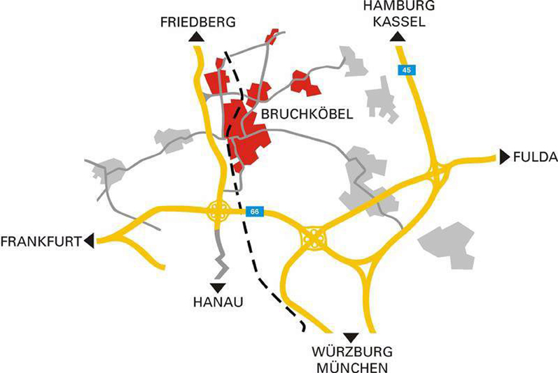 Die Karte zeigt die Lage Bruchköbels im Rhein-Main-Gebiet mit den umliegenden Autobahnen.